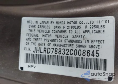 2002 Honda Cr-V Ex из США, поврежденный, VIN JHLRD78832C008645